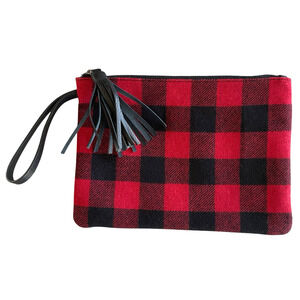 J.JILL Red Black Buffalo Plaid Wool Blend Leather Tassel Zip Clutch Wristlet Bag